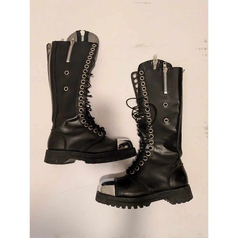 Vintage Demonia Pole Climber Boots - Steel Toe Cap- Black Leather - Lace Up/Zip - Picture 2 of 8